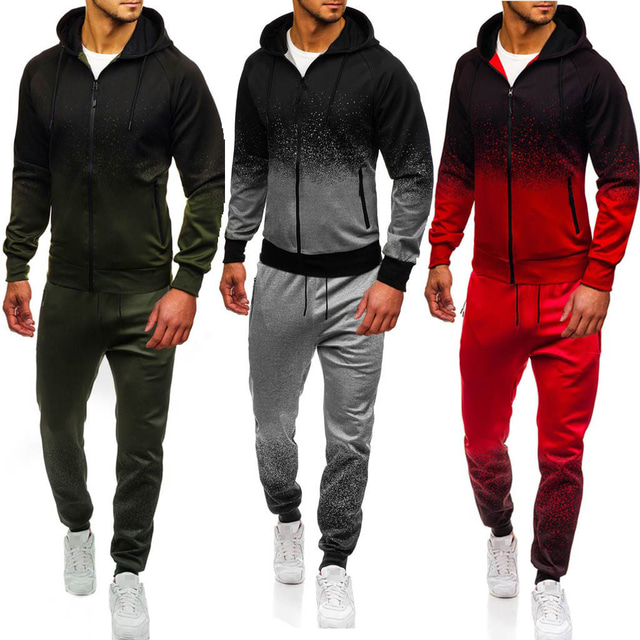  Men's Tracksuit Sweatsuit 2 Piece Full Zip Street Winter Long Sleeve Cotton Breathable Soft Fitness Gym Workout Running Sportswear Activewear Color Gradient Red Gray