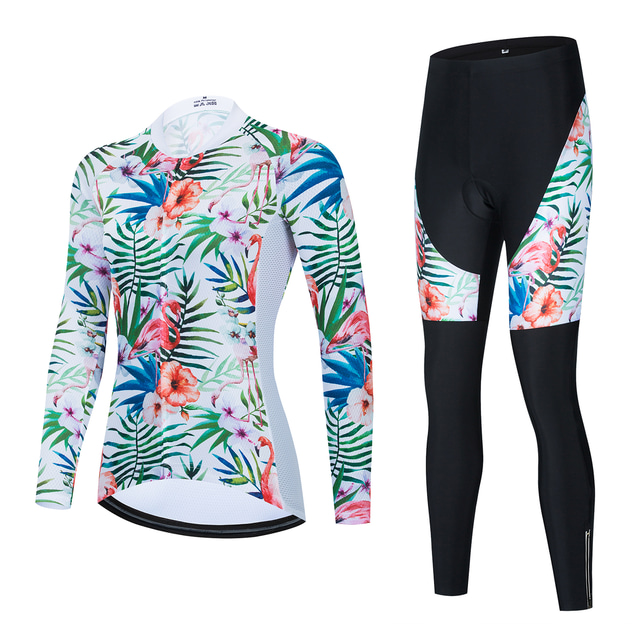  21Grams® Women's Long Sleeve Cycling Jersey with Bib Tights Cycling Jersey with Tights Mountain Bike MTB Road Bike Cycling Black Green Black White Graphic Floral Botanical Design Bike Quick Dry Sports