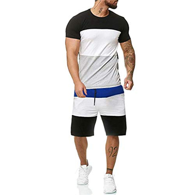  mens short sleeve set 2 piece summer casual sets short pants fashion patchwork leisure sport outfit black