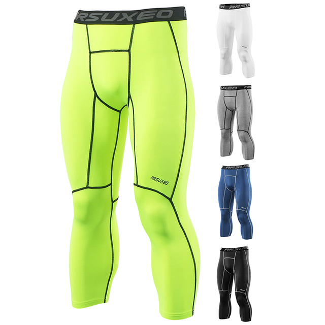  Men's Sports Gym Leggings Running Tights Leggings Compression Tights Leggings Natural Spandex fluorescent green Black White Summer 3/4 Tights Base Layer Leggings Striped Fluorescent Quick Dry