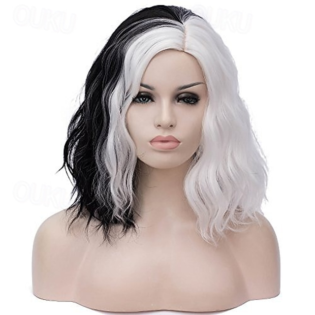  Half Wit en Half Zwart Perkamenten Cruella Deville Perkament Gespleten Kleur Synthetisch Haar Perkament Schouderlengte Perkamenten Halloween Perkamenten