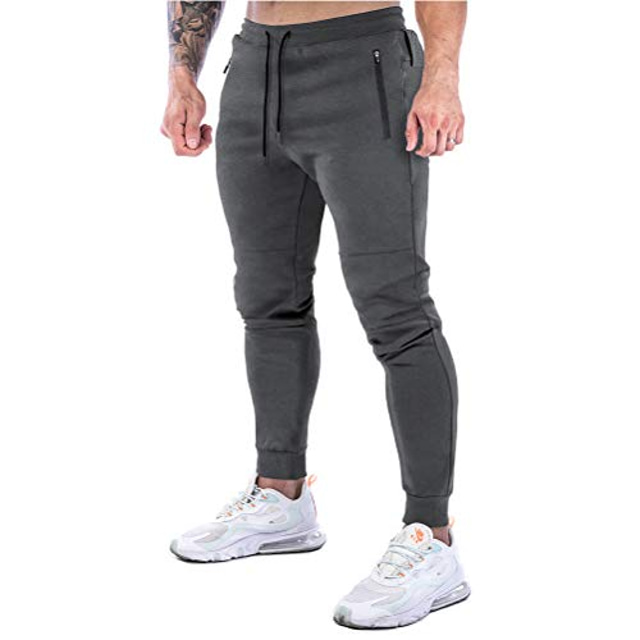  men's gym jogger pants sport workout training athletic slim tapered cotton sweatpants with zipper pockets darkgrey