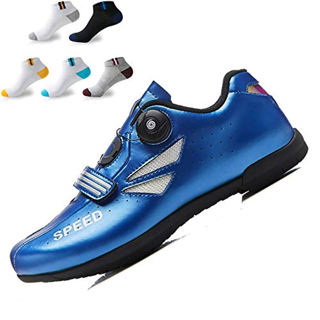  unisex cycling shoes, adults' casual bike shoes anti-slip no lock reflective road cycling shoes cushioning with 5 pairs sports socks,blue,37eu
