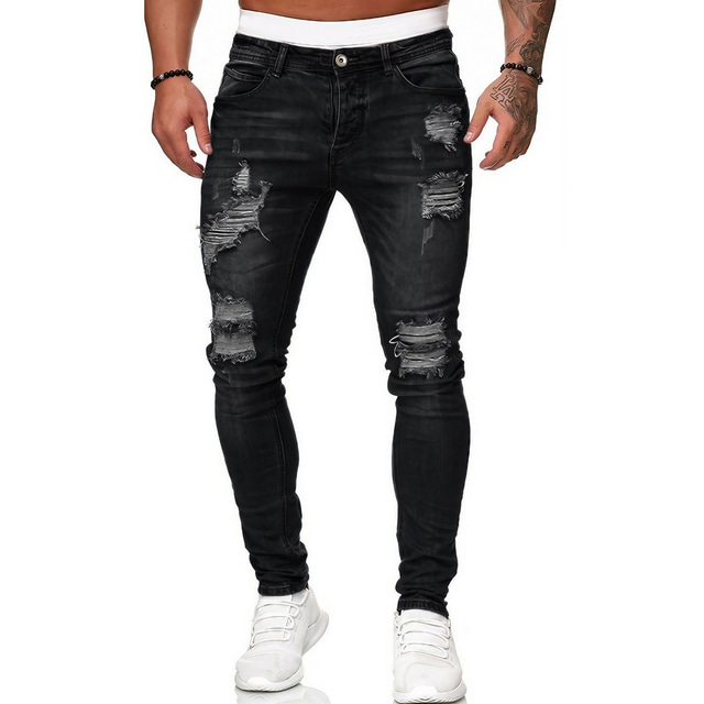  mäns förstörda stretchjeans-slang begagnade slim-fit jeansbyxor för män streetwear byxor avsmalnande byxor jeansbyxor dragkedja och knappgylf