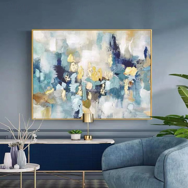  Handmade Oil Painting Canvas Wall Art Decoration Abstract Golden and Blue Color Paintings for Home Decor Rolled Frameless Unstretched Painting