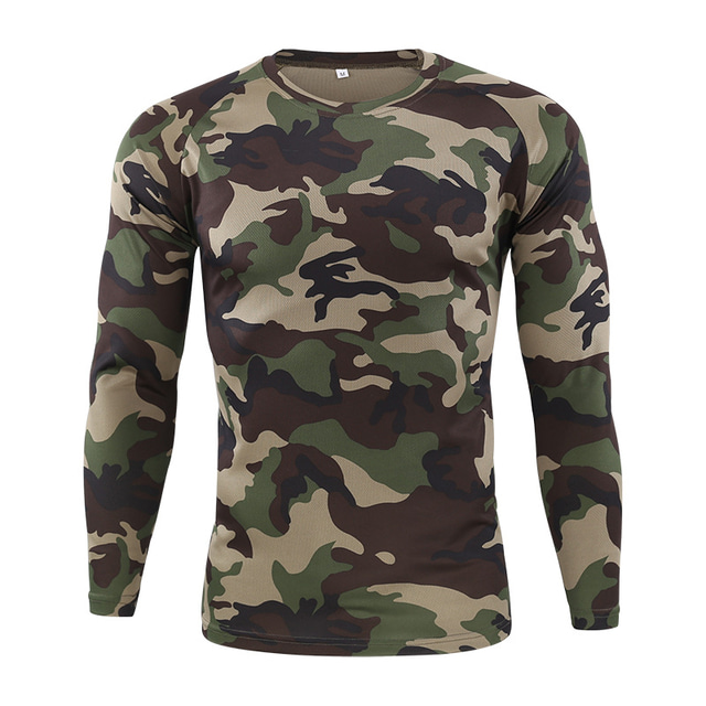  Men's T shirt Hiking Tee shirt Tactical Military Shirt Long Sleeve Crew Neck Tee Tshirt Top Outdoor Breathable Quick Dry Lightweight Stretchy Summer Polyester Camo Black Yellow Light Green Hunting