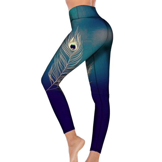  Per donna Ghette Sports Gym Leggings Pantaloni da yoga Elastene Verde cacciatore Inverno Calze / Collant / Cosciali Ghette Piume Pavone Fasciante in vita Sollevamento dei glutei Abbigliamento