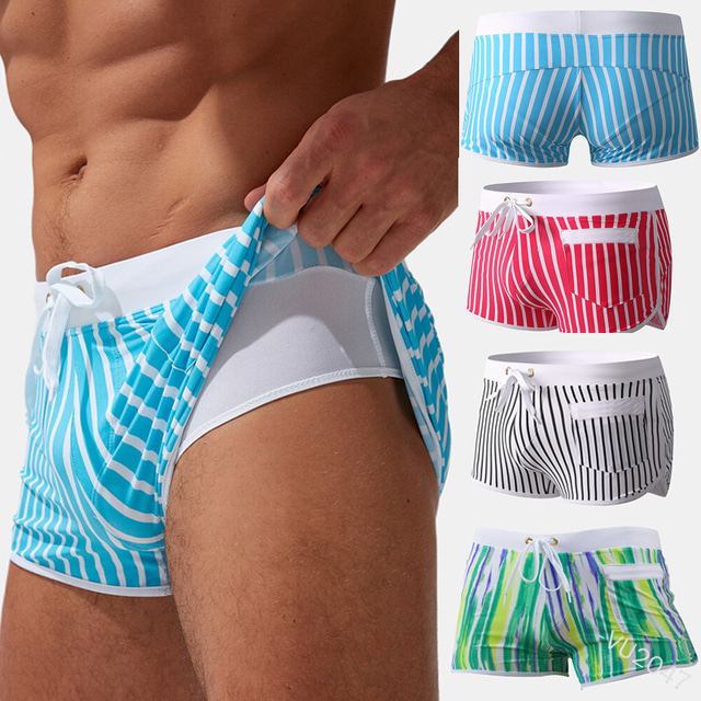  Men's Swim Trunks Swim Shorts Quick Dry Board Shorts Bathing Suit 2 in 1 with Pockets Drawstring Swimming Surfing Beach Water Sports Stripes Summer