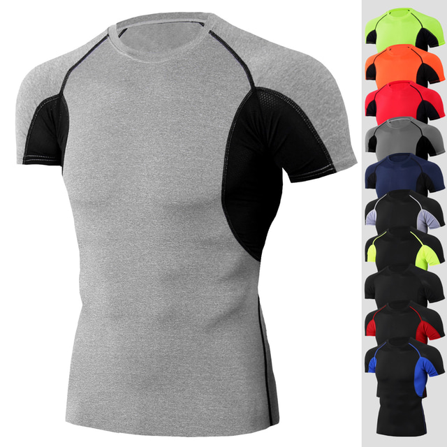  Men's Short Sleeve Compression Shirt Running Shirt Running Base Layer Patchwork Tee Tshirt Top Athletic Athleisure Summer Spandex Moisture Wicking Quick Dry Breathable Fitness Gym Workout Running