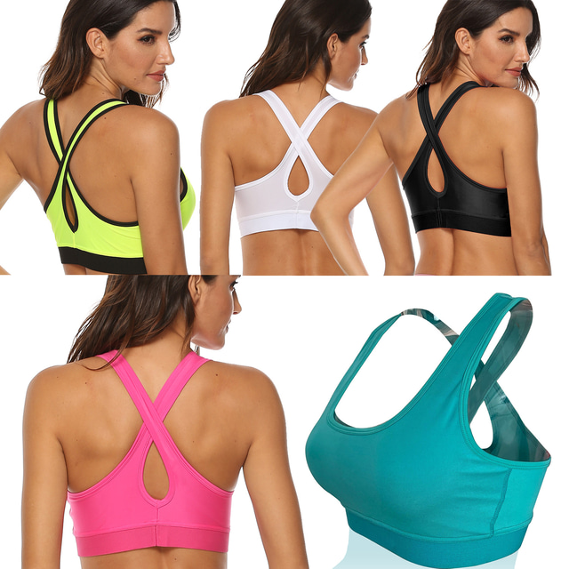  Women's Sports Bra Medium Support Summer Cross Back Solid Color Gray white Light Green Spandex Yoga Fitness Gym Workout Bra Top Sport Activewear Quick Dry Breathable Comfortable High Elasticity