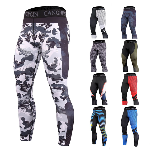  Men's Sports Gym Leggings Running Tights Leggings Spandex Black Red Blue Winter Leggings Stripes Camouflage Quick Dry Moisture Wicking Pocket Clothing Clothes Fitness Gym Workout Running Training