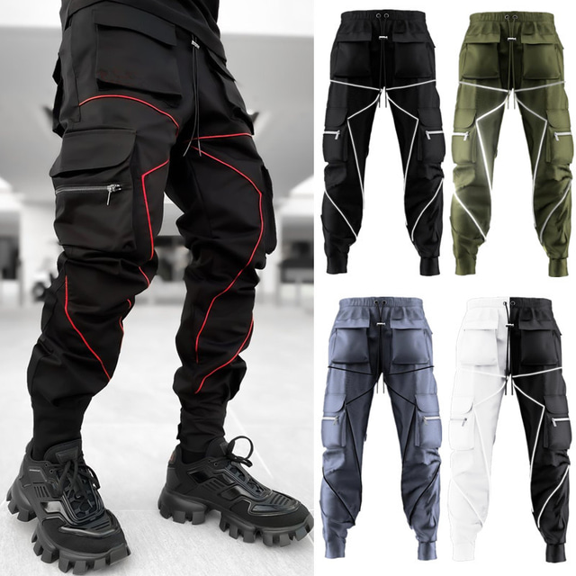  Men's Sweatpants Joggers Track Pants Winter Bottoms Stripes Breathable Moisture Wicking Pocket Reflective Strip Green White Black / Stretchy / Street / Athleisure / Tactical Cargo Pants