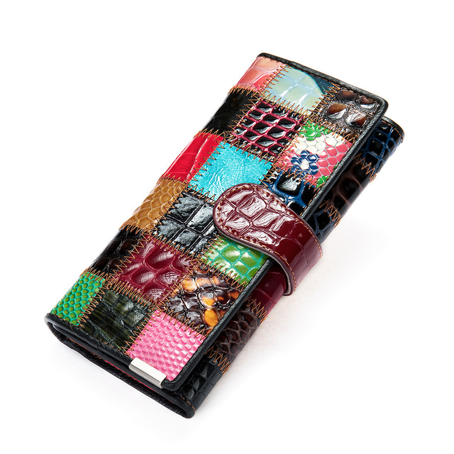  női valódi bőr patchwork pénztárca, nagy kapacitású többkártyatartó, vintage hosszú kuplung pénztárca cipzáras zsebbel, 4 egyedi stílusban kapható