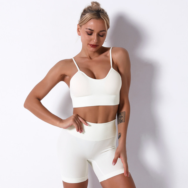  Women's 2pcs Workout Sets Solid Color Shorts Bra Top Clothing Suit Light Green Cream Spandex Yoga Fitness Gym Workout Tummy Control Butt Lift Breathable Sleeveless Sport Activewear Stretchy Slim