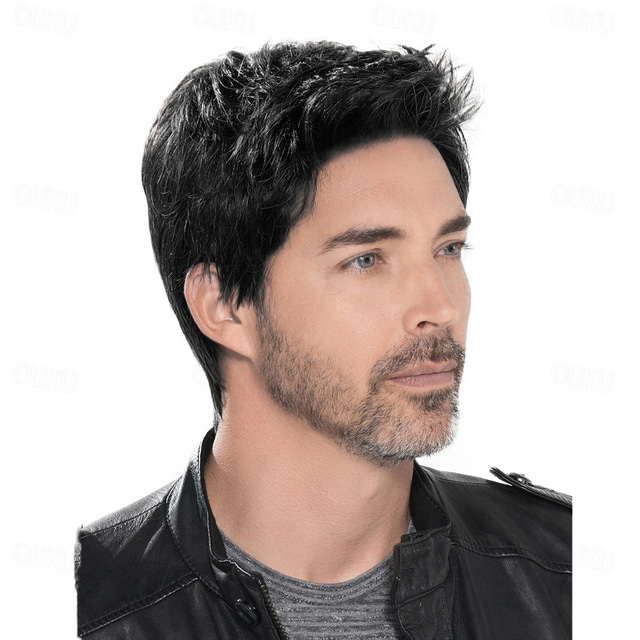  Black Wigs for Men Pruik Korte Zwarte Mannelijke Rechte Synthetische Pruik Voor Mannen Haar Fleeciness Realistische Natuurlijke Zwarte Toupet Pruiken
