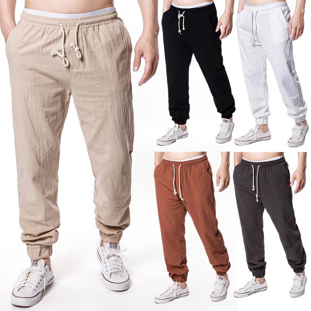  pantalones de lino de yoga para hombres pantalones jogger bolsillos laterales pantalones con cordón transpirable color sólido gris oscuro caqui blanco algodón yoga fitness gimnasio entre