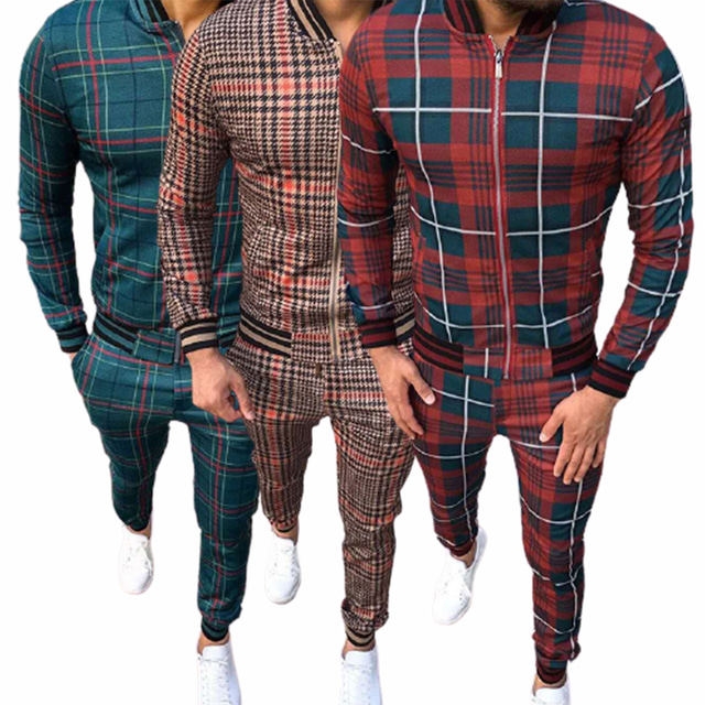  Men's Tracksuit 2 Piece Full Zip Street Long Sleeve Breathable Soft Gym Workout Running Jogging Sportswear Activewear Plaid Checkered Green Orange Red