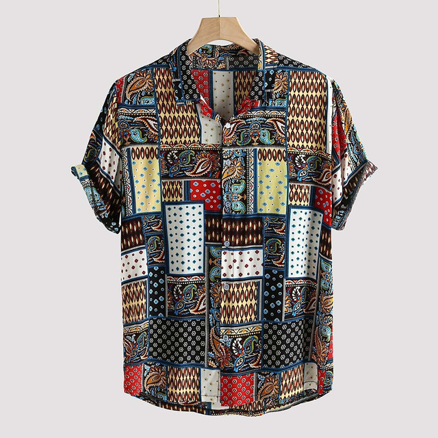  Voor heren Overhemd Hawaiiaans overhemd Aloha Paisley Tribal Strijkijzer Casual Dagelijks Button-omlaag Korte mouw Tops Ontwerper Lichtgewicht Casual Modieus Zwart / Wit Regenboog