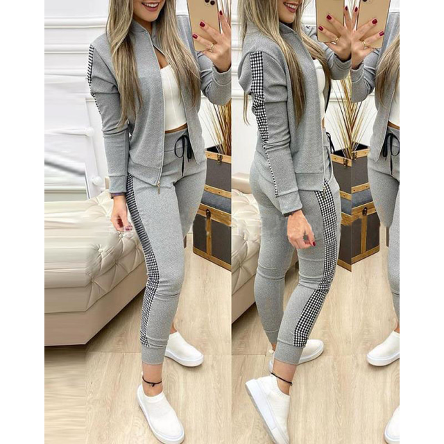  Women's 2 Piece Splice Tracksuit Sweatsuit Casual Athleisure Plaid Winter Long Sleeve V Neck Breathable Soft Fitness Running Jogging Checkered Sweatshirt Red Grey Black