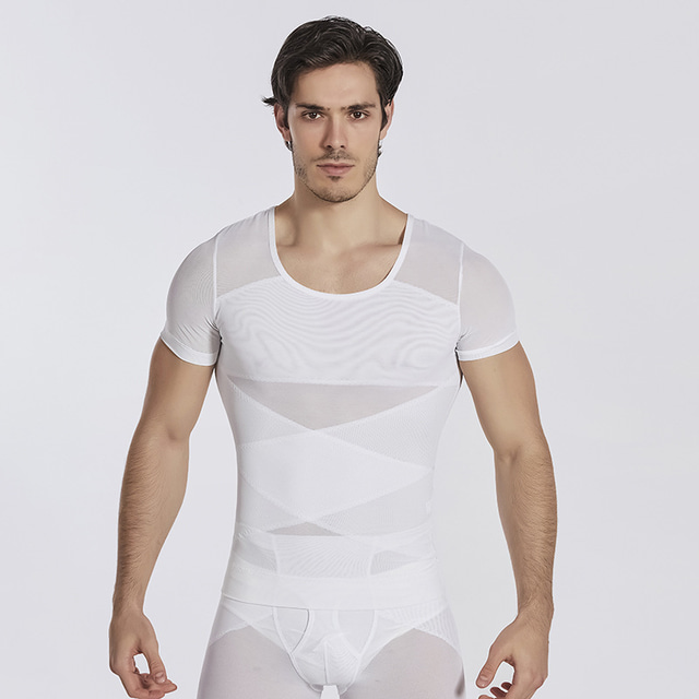  Men's Crew Neck Body Shaper Yoga Top See Through Cross Back Solid Color White Black Nylon Mesh Yoga Fitness Gym Workout Weight Loss T shirt Top Short Sleeve Sport Activewear Quick Dry Breathable