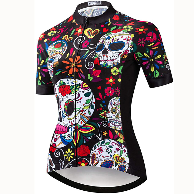  21Grams® Women's Cycling Jersey Short Sleeve Mountain Bike MTB Road Bike Cycling Sugar Skull Skull Floral Botanical Jersey Shirt Brown Fast Dry Breathable Quick Dry Sports Clothing Apparel / Stretchy