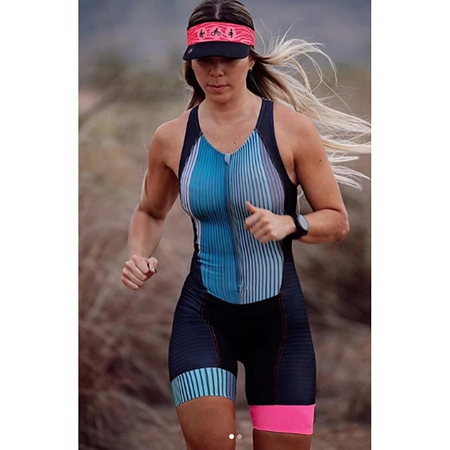  Mulheres Sem Manga Macacão para Triathlon Trisuit Ciclismo de Montanha Ciclismo de Estrada Branco Rosa claro Azul Gráfico Detalhes Moto Secagem Rápida Redutor de Suor Esportes Gráfico Padrão Engraçado