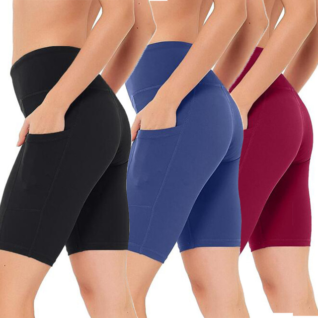  Women's Yoga Shorts Workout Shorts High Waist Spandex Black Burgundy Royal Blue Shorts Bottoms Solid Color Tummy Control Butt Lift Quick Dry Side Pockets Clothing Clothes Yoga Fitness Gym Workout