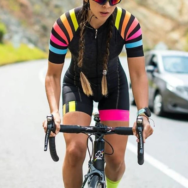  Women's Short Sleeve Triathlon Tri Suit Mountain Bike MTB Road Bike Cycling Black Green Orange Patchwork Graphic Design Bike Quick Dry Sports Patchwork Graphic Horizontal Stripes Clothing Apparel