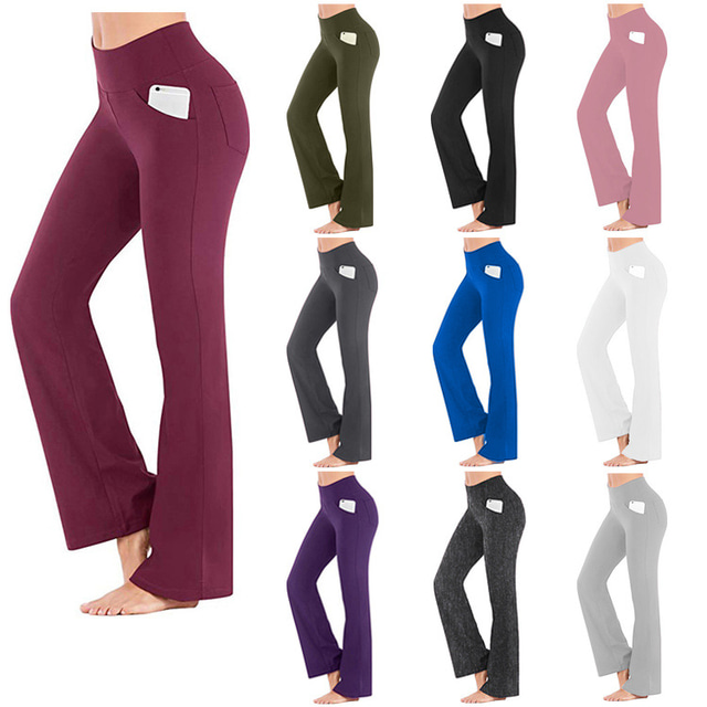  Women's Leggings Sports Gym Leggings Yoga Pants Spandex Black Purple Army Green Winter Tights Tummy Control Butt Lift 4 Way Stretch Flare Leg with Pockets Back Pocket Clothing Clothes Yoga Fitness
