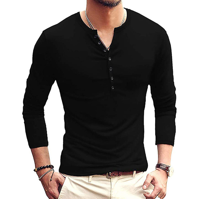  men's long sleeve henley shirt cotton t-shirt slim fit basic solid color casual warm lightweight breathable fashion button down shirts top fishing running climbing black grey white navy blue