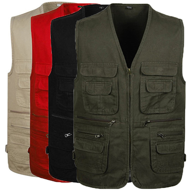  Men's Fishing Vest Military Tactical Vest Hiking Vest Sleeveless Vest / Gilet Jacket Top Outdoor Breathable Quick Dry Lightweight Multi Pockets Cotton Black Army Green Khaki Hunting Fishing Climbing