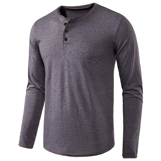  Camiseta masculina de manga longa solta camisa henley gola redonda com botões camiseta causal
