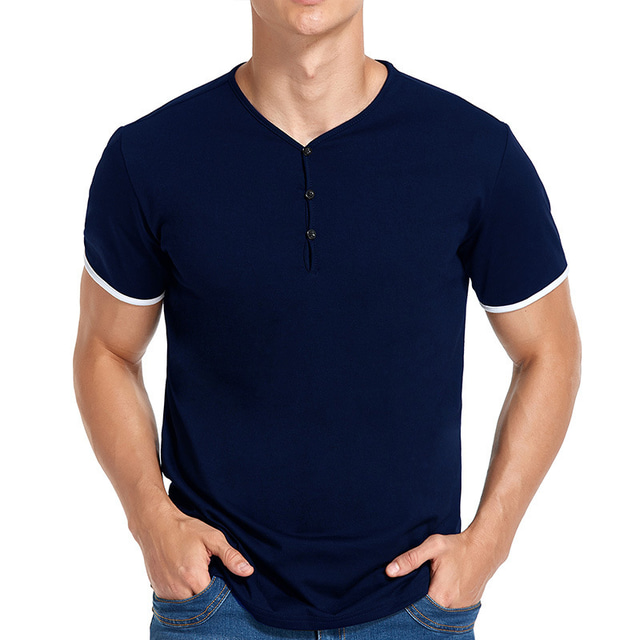  メンズヘンリーシャツ半袖ファッションカジュアルフロント前立てベーシックヘンリーTシャツ通気性のある軽量ボタントップ