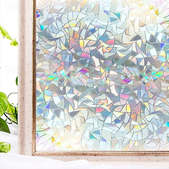  Window Privacy Film, Rainbow Window Film, Removable Stained Glass Sticker, Heat Control Window Cling for Decor, Silver