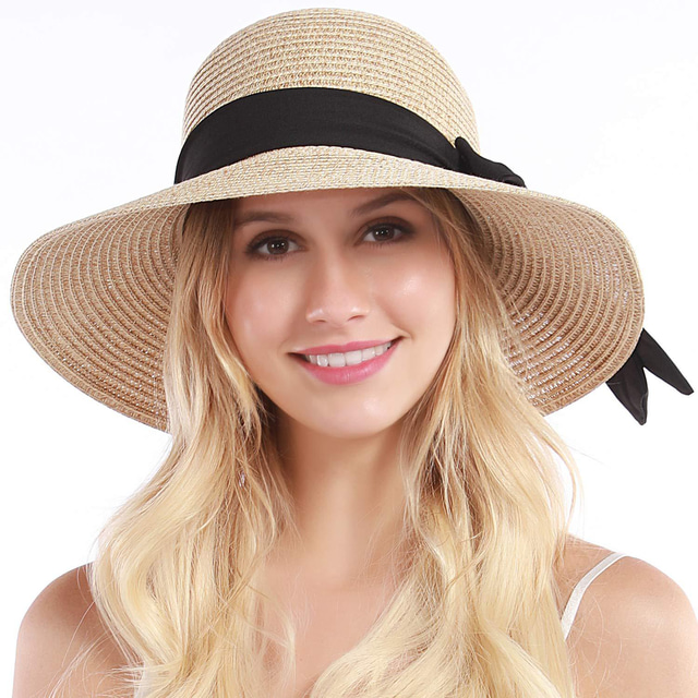  Womens Beach Sun Straw Hat UV UPF50 Travel Foldable Brim Summer UV Hat