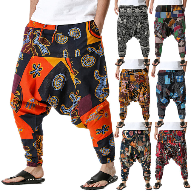  Men‘s Yoga Pants Baggy Bottoms GYM Fitness Dance Sports Activewear Elastic Loose Casual Elastic Waist Drawstring Beach Trousers Loose Fit Aladdin Hippie Harem Cotton Baggy Genie Boho Long Pants