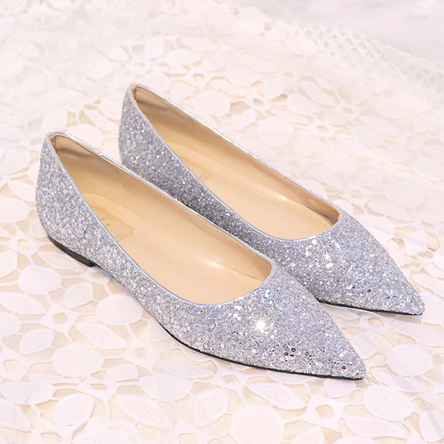  Women's Pink Glitter Pointed Toe Flat Shoes – Comfortable Bridal or Party Footwear with Sparkling Design