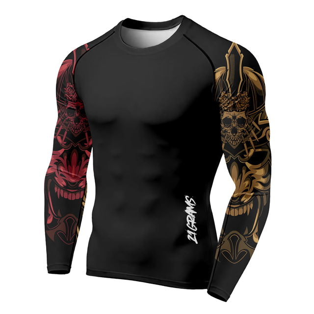  21Grams Men's Compression Shirt Running Shirt 3D Print Long Sleeve Top Athletic Athleisure Spandex Breathable Quick Dry Moisture Wicking Fitness Gym Workout Running Sportswear Activewear Skull Black