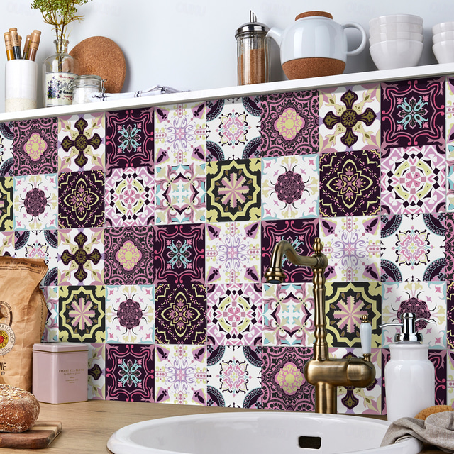  24st kreativa kök badrum vardagsrum självhäftande väggklistermärken vattentäta medelhavs fuchsia kakel klistermärken