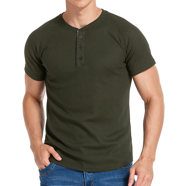  Camisa masculina henley manga curta moda casual carcela frontal básica henley t-shirt respirável leve botão top