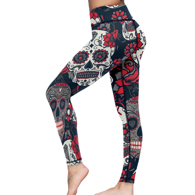  Per donna Ghette Sports Gym Leggings Pantaloni da yoga Elastene Rosso Inverno Calze / Collant / Cosciali Ghette Teschi Fasciante in vita Sollevamento dei glutei Abbigliamento Abbigliamento Yoga