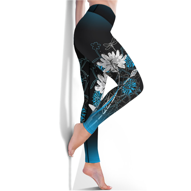  Per donna Ghette Sports Gym Leggings Pantaloni da yoga Elastene Blu marino scuro Leggings corti Floreale Fasciante in vita Sollevamento dei glutei Asciugatura rapida Abbigliamento Abbigliamento Yoga