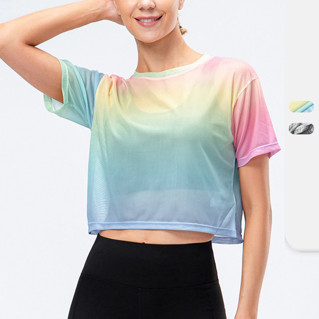 Women's Crew Neck Running Shirt Patchwork Color Gradient Black Pink Mesh Fitness Gym Workout Running Crop Tee Top Short Sleeve Sport Activewear Breathable Quick Dry Lightweight Stretchy Slim