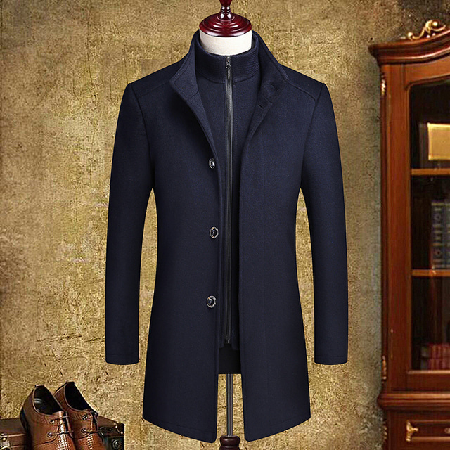  Men's Winter Coat Wool Coat Overcoat Street Business Winter Woolen Thermal Warm Outerwear Clothing Apparel Casual Solid Color Pocket Stand Collar Single Breasted