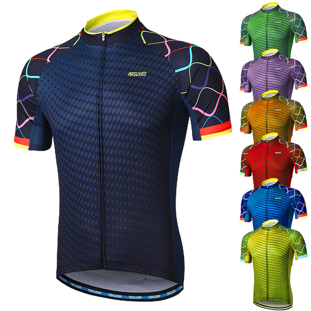  Arsuxeo Men's Short Sleeve Cycling Jersey Summer Polyester Bike Jersey Bike Shirt Mountain Bike MTB Road Cycling Reflective Strips Back Zipper Pockets Sweat wicking Sports Clothing