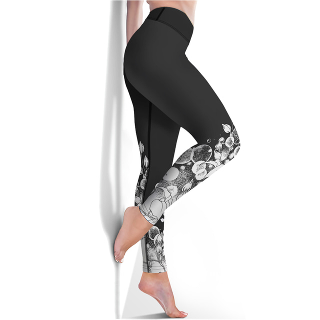  Women's Leggings Sports Gym Leggings Yoga Pants Spandex Dark Gray Cropped Leggings Floral Tummy Control Butt Lift Clothing Clothes Yoga Fitness Gym Workout Running / High Elasticity / Athletic