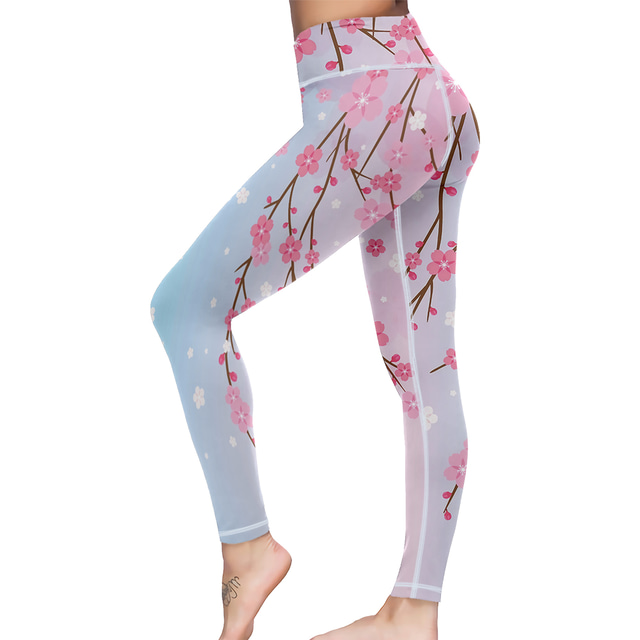  Femme Legging Gym Legging Sport Pantalon de yoga Spandex Bleu Jambières courtes Floral Contrôle du Ventre Lifting des fesses Vêtements Yoga Aptitude Exercice Physique Fonctionnement / Athlétique
