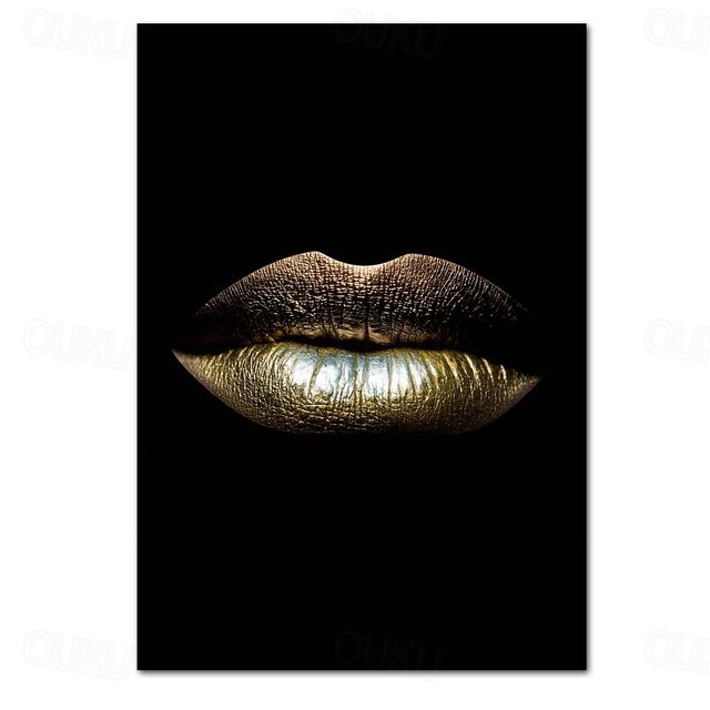  Wall Art Canvas Prints Painting Artwork Picture  gold lips Home Decoration Decor Rolled Canvas No Frame Unframed Unstretched