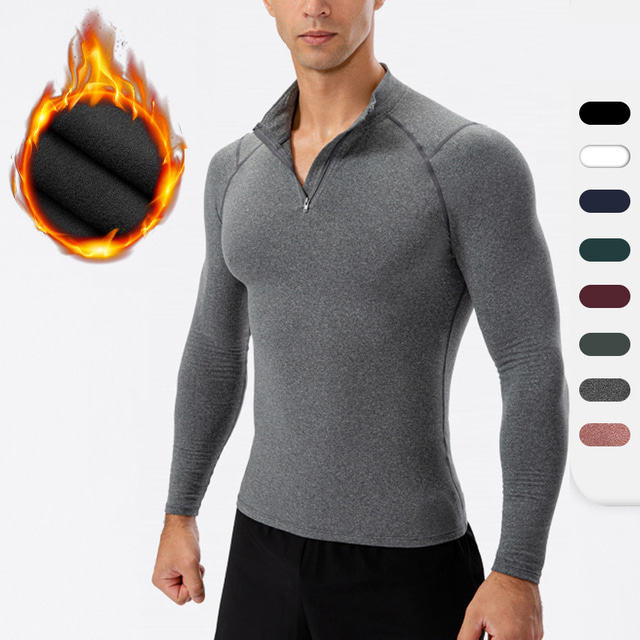  Men's Long Sleeve Compression Shirt Running Shirt Half Zip Sweatshirt Top Athletic Winter Breathable Quick Dry Lightweight Fitness Gym Workout Running Jogging Training Sportswear Solid Colored Dark