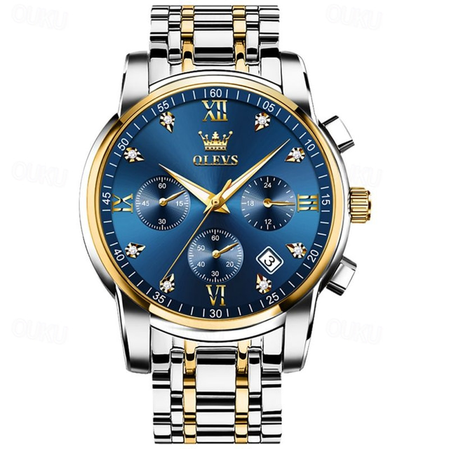  Zegarek kwarcowy OLEVS dla mężczyzn chronograf luksusowy zegarek na rękę duży cyferblat kalendarz dnia daty metalowy stal nierdzewna wodoodporny zegarek modny i elegancki prezent